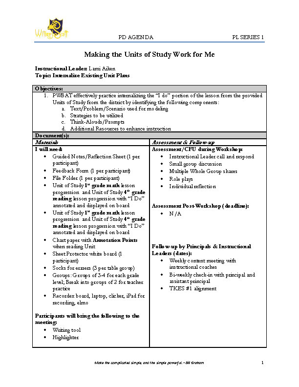 PD – Making the Units of Study Work for Me